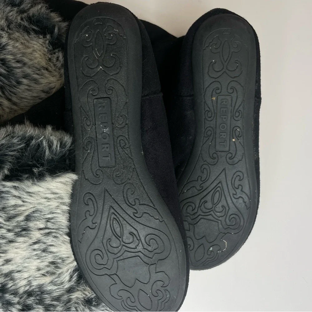 Report Womens Black Faux Suede Mid-Calf Boots Grey‎ Faux Fur Trim Flat Sole